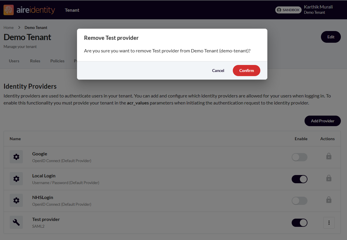 Delete provider confirmation