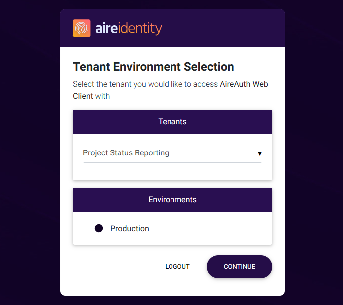 Environment selection page